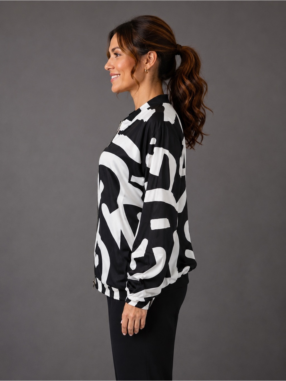 New Black & White Abstract Print Zip-Up Bomber Jacket - Picture 2 of 16